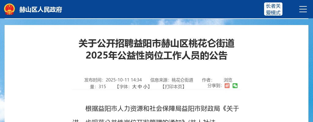 2025湖南益阳市赫山区桃花仑街道招聘公益性岗位工作人员2人公告 图片